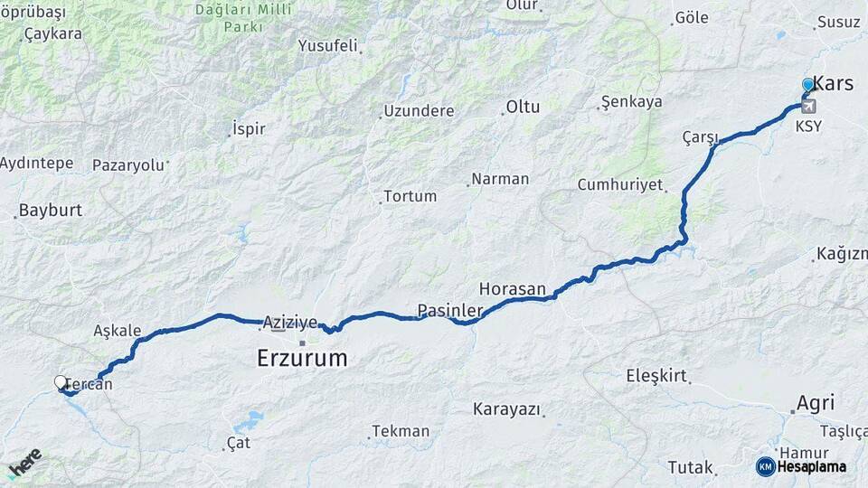 Kars Tercan Erzincan Arası Kaç Km - Yol Haritası