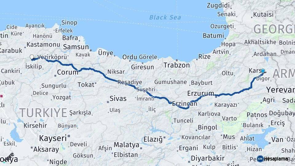 Kars Tosya Kastamonu Arası Kaç Km - Yol Haritası