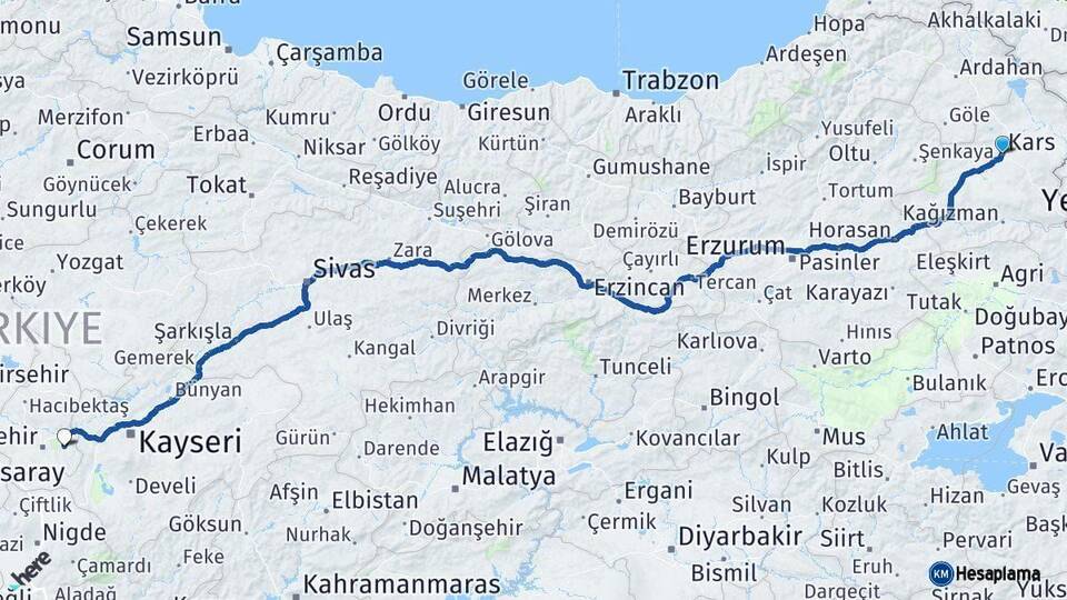 Kars Ürgüp Nevşehir Arası Kaç Km - Yol Haritası