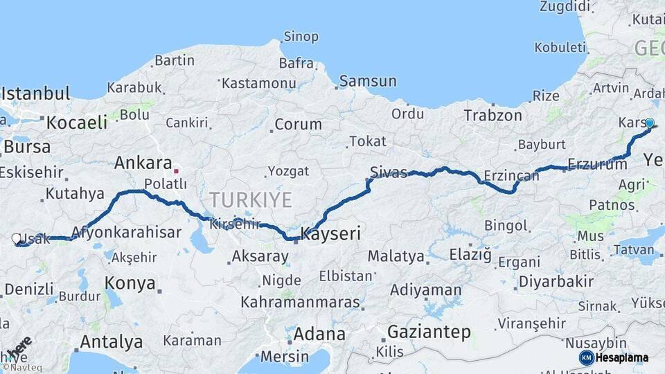 Kars Uşak Arası Kaç Km - Yol Haritası