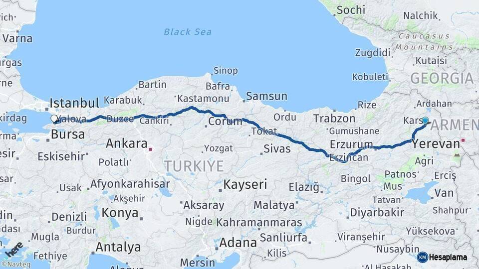 Kars Yalova Arası Kaç Km - Yol Haritası