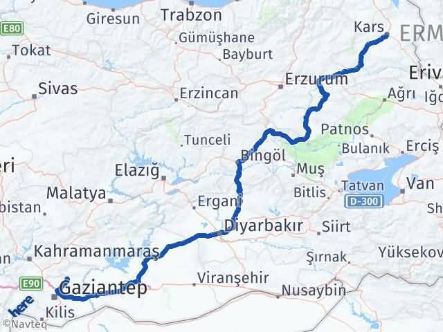 Kars Yavuzeli Gaziantep Arası Kaç Km - Yol Haritası