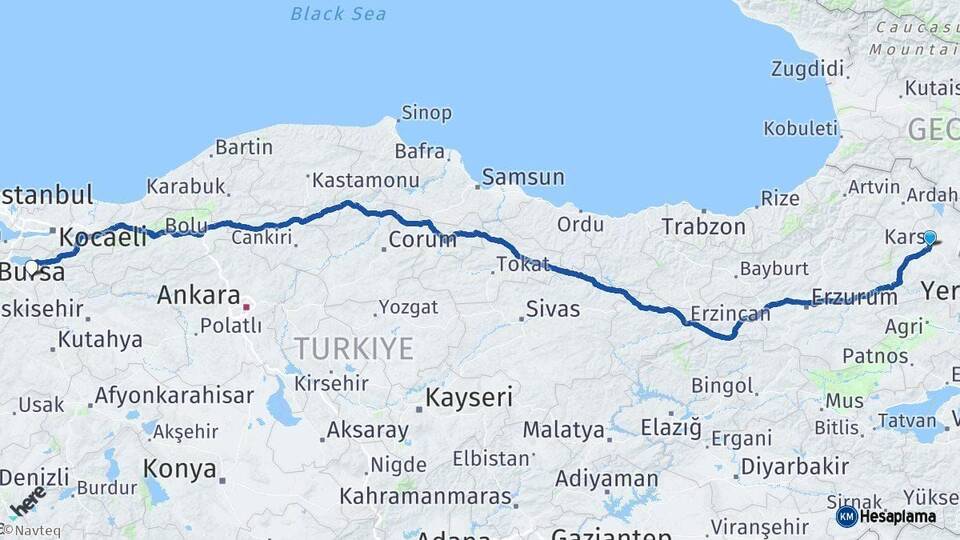 Kars Yenişehir Bursa Arası Kaç Km - Yol Haritası