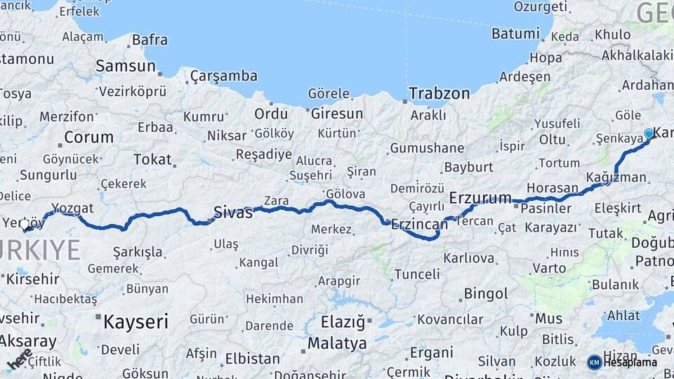 Kars Yerköy Yozgat Arası Kaç Km - Yol Haritası