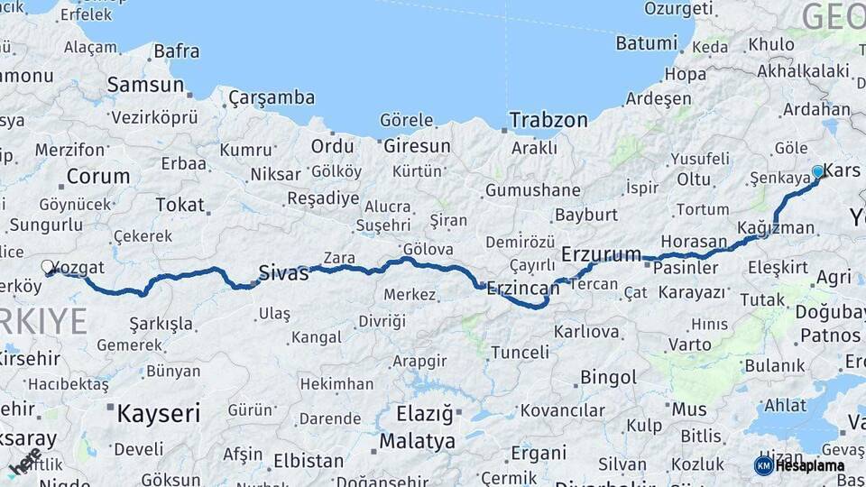 Kars Yozgat Arası Kaç Km - Yol Haritası