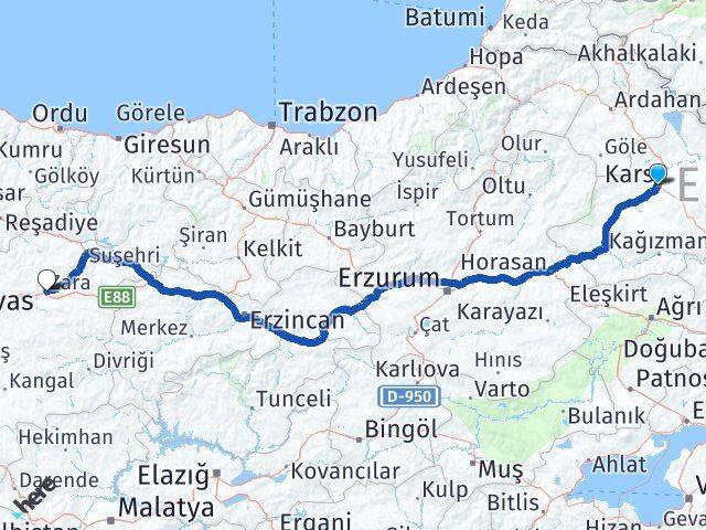 Kars Zara Sivas Arası Kaç Km - Yol Haritası