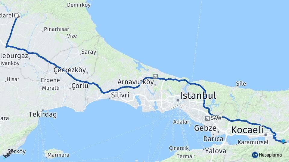 Kocaeli Kartepe Maşukiye Kırklareli Arası Kaç Km - Yol Haritası