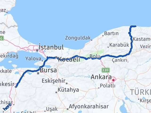 Kastamonu Abana Balıkesir Arası Kaç Km - Yol Haritası