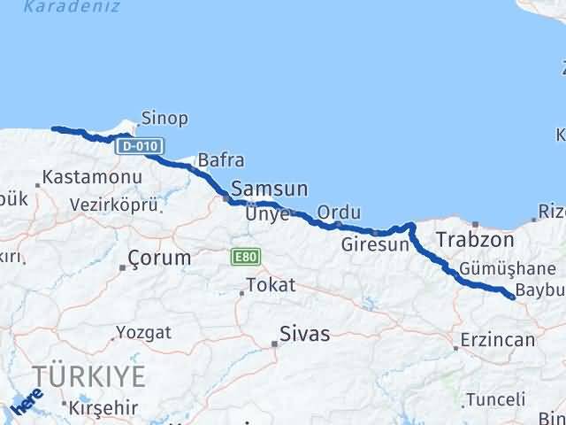 Kastamonu Abana Bayburt Arası Kaç Km - Yol Haritası