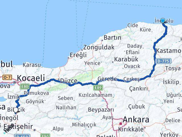 Kastamonu Abana Bilecik Arası Kaç Km - Yol Haritası