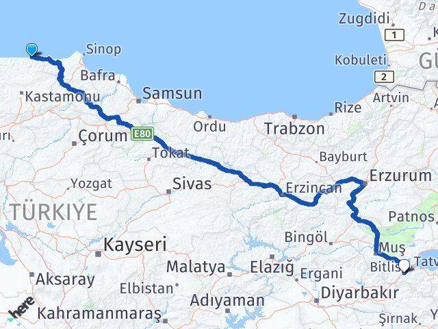 Kastamonu Abana Bitlis Arası Kaç Km - Yol Haritası