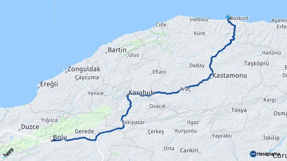 Kastamonu Abana Bolu Arası Kaç Km - Yol Haritası