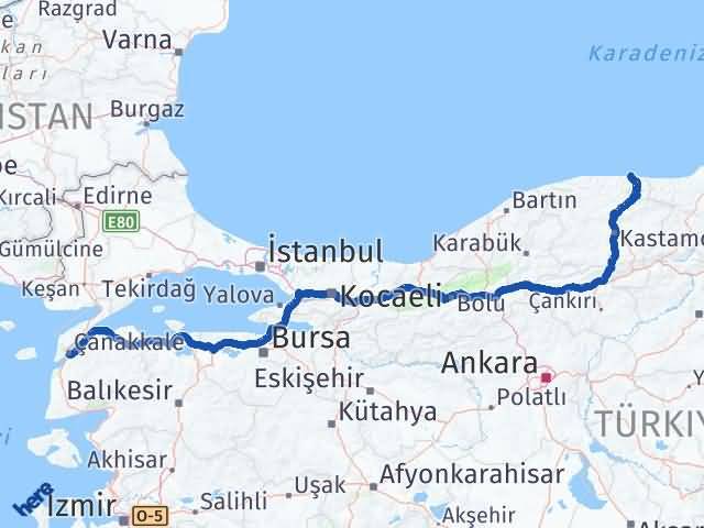 Kastamonu Abana Çanakkale Arası Kaç Km - Yol Haritası