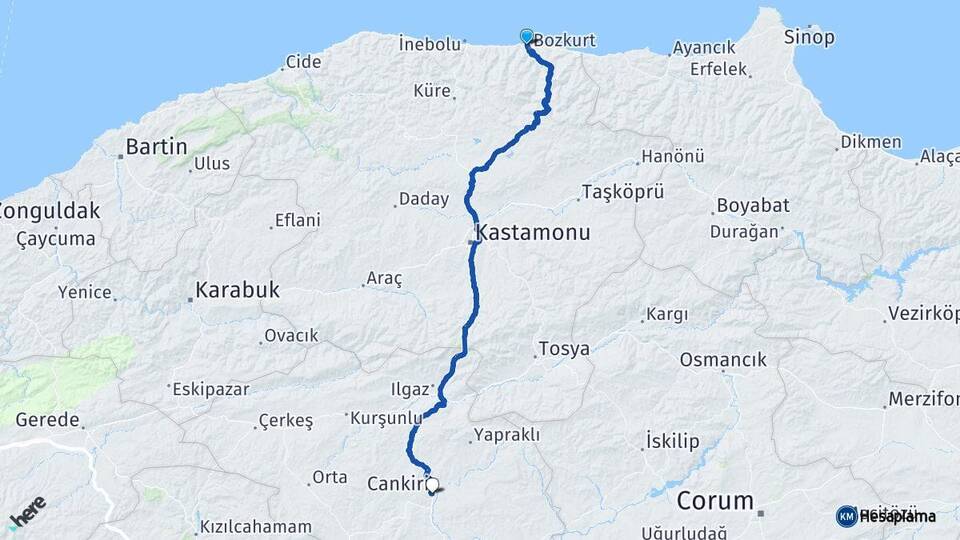 Kastamonu Abana Çankırı Arası Kaç Km - Yol Haritası