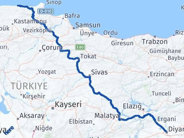 Kastamonu Abana Diyarbakır Arası Kaç Km - Yol Haritası