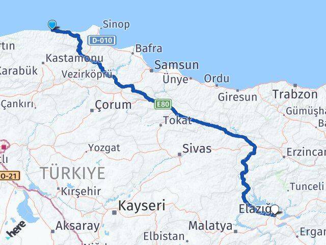 Kastamonu Abana Elazığ Arası Kaç Km - Yol Haritası