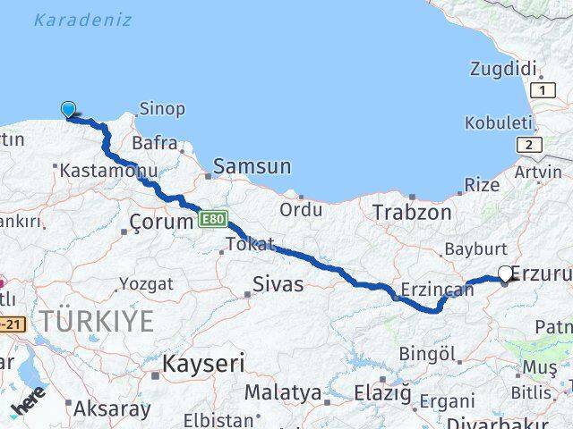 Kastamonu Abana Erzurum Arası Kaç Km - Yol Haritası