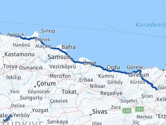 Kastamonu Abana Gümüşhane Arası Kaç Km - Yol Haritası