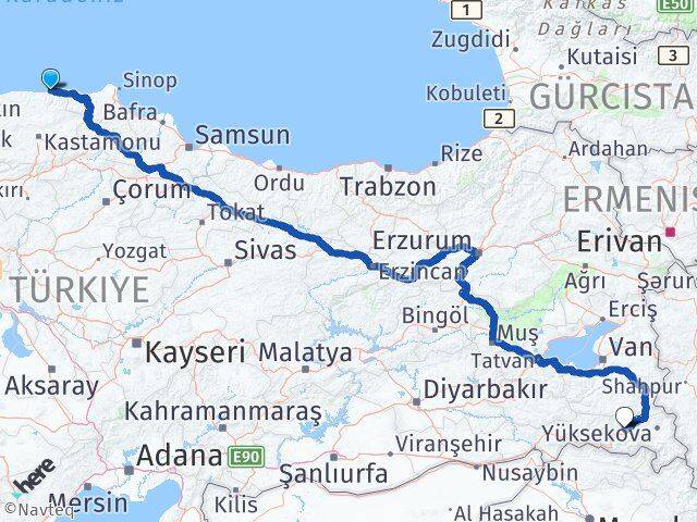 Kastamonu Abana Hakkari Arası Kaç Km - Yol Haritası