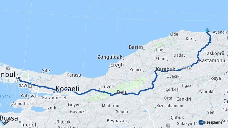 Kastamonu Abana İstanbul Arası Kaç Km - Yol Haritası