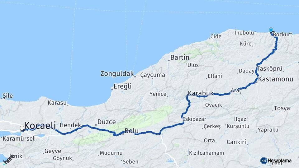 Kastamonu Abana Kocaeli Arası Kaç Km - Yol Haritası