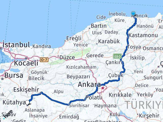 Kastamonu Abana Kütahya Arası Kaç Km - Yol Haritası