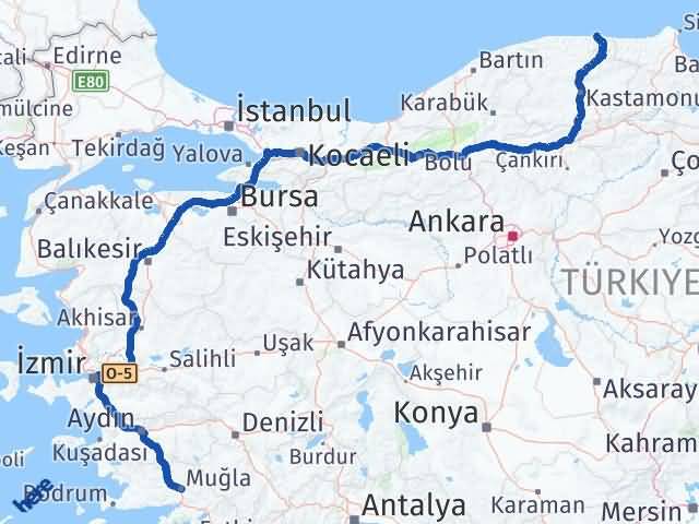 Kastamonu Abana Muğla Arası Kaç Km - Yol Haritası