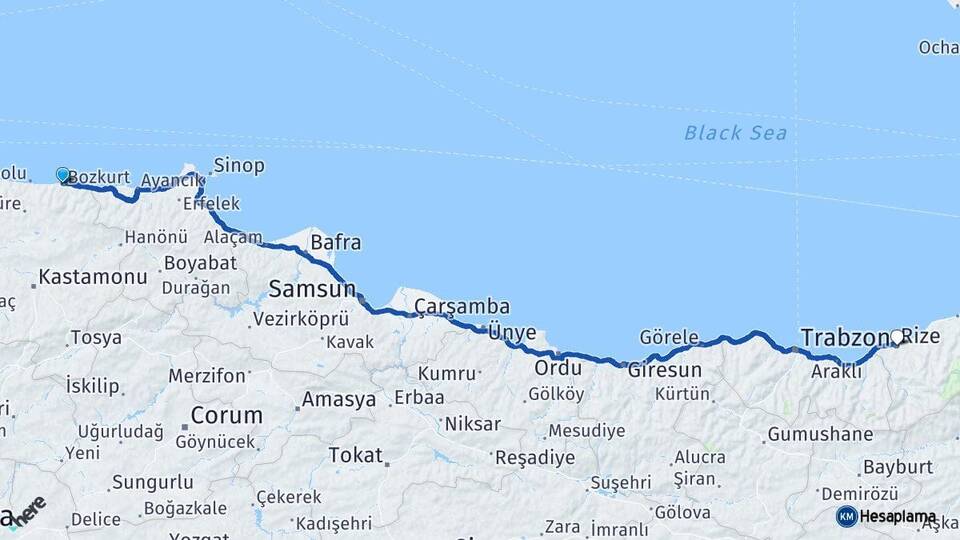 Kastamonu Abana Rize Arası Kaç Km - Yol Haritası