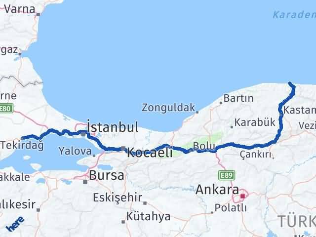 Kastamonu Abana Tekirdağ Arası Kaç Km - Yol Haritası