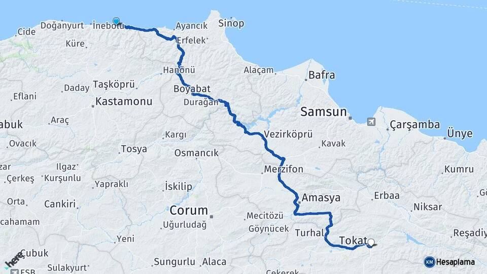 Kastamonu Abana Tokat Arası Kaç Km - Yol Haritası