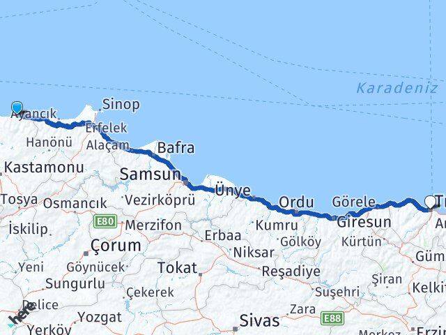 Kastamonu Abana Trabzon Arası Kaç Km - Yol Haritası