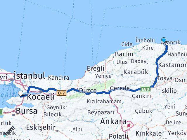 Kastamonu Abana Yalova Arası Kaç Km - Yol Haritası