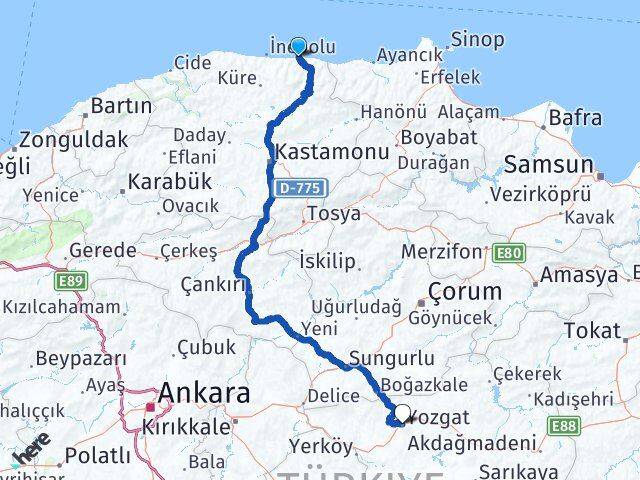 Kastamonu Abana Yozgat Arası Kaç Km - Yol Haritası