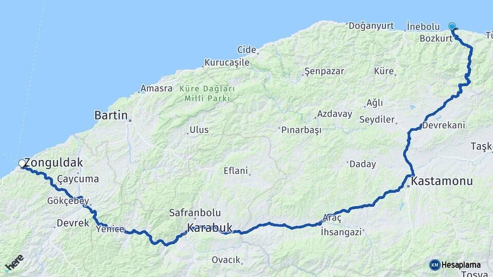 Kastamonu Abana Zonguldak Arası Kaç Km - Yol Haritası