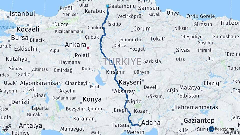 Kastamonu Adana Arası Kaç Km - Yol Haritası