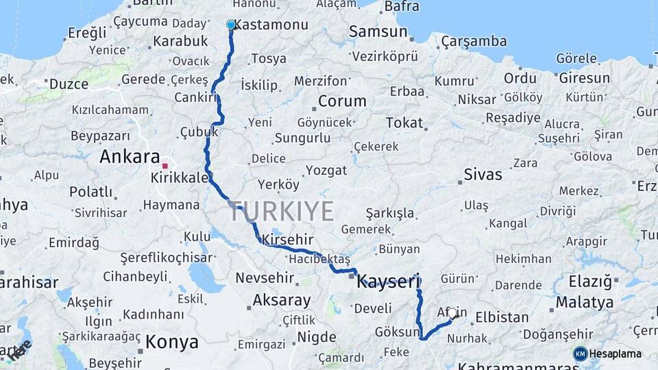Kastamonu Afşin Kahramanmaraş Arası Kaç Km - Yol Haritası