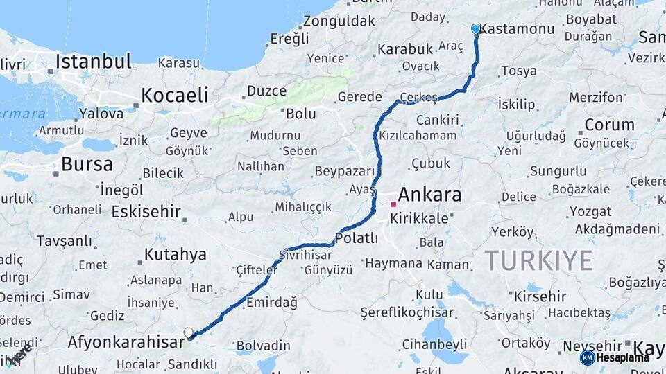 Kastamonu Afyonkarahisar Arası Kaç Km - Yol Haritası