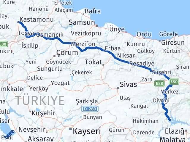 Kastamonu Ağın Elazığ Arası Kaç Km - Yol Haritası
