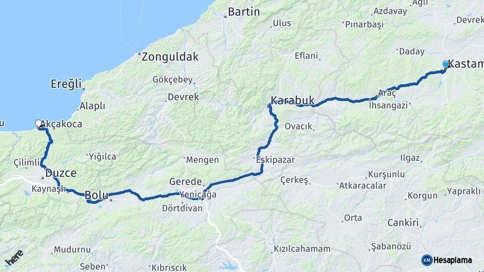 Kastamonu Akçakoca Düzce Arası Kaç Km - Yol Haritası