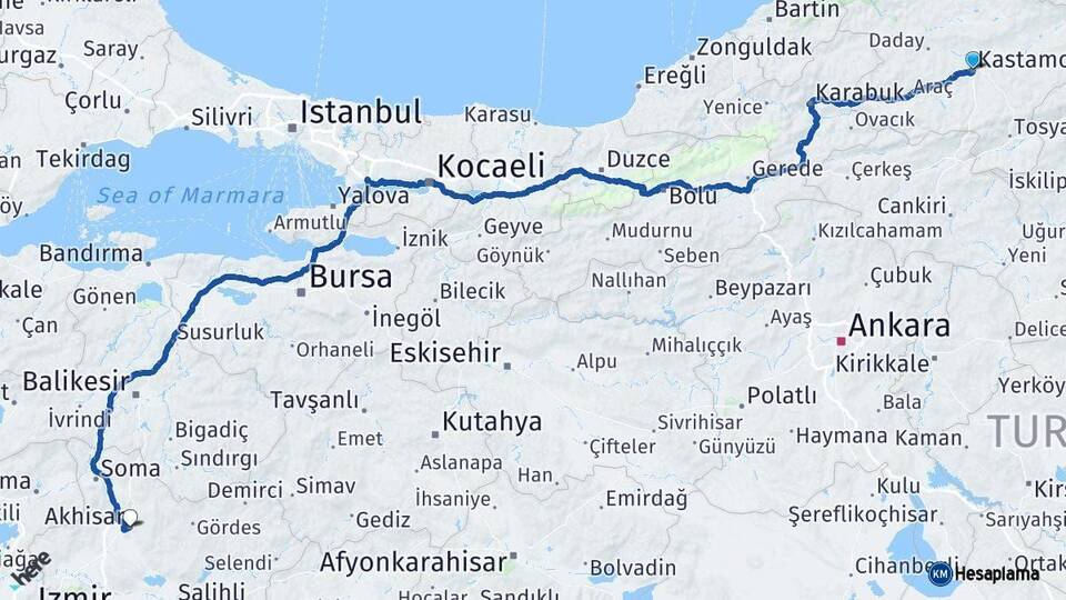 Kastamonu Akhisar Manisa Arası Kaç Km - Yol Haritası