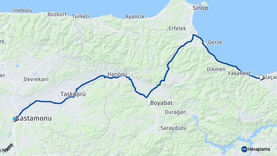 Kastamonu Alaçam Samsun Arası Kaç Km - Yol Haritası