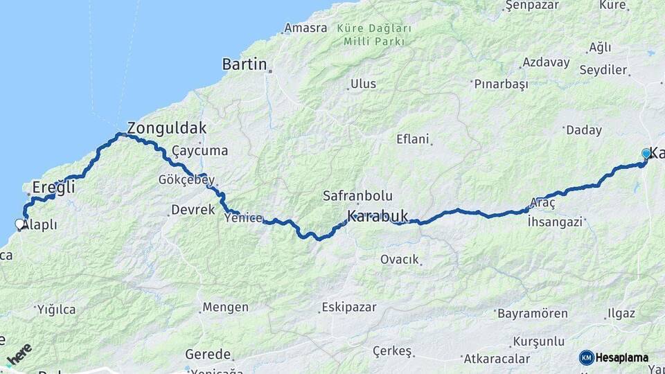 Kastamonu Alaplı Zonguldak Arası Kaç Km - Yol Haritası