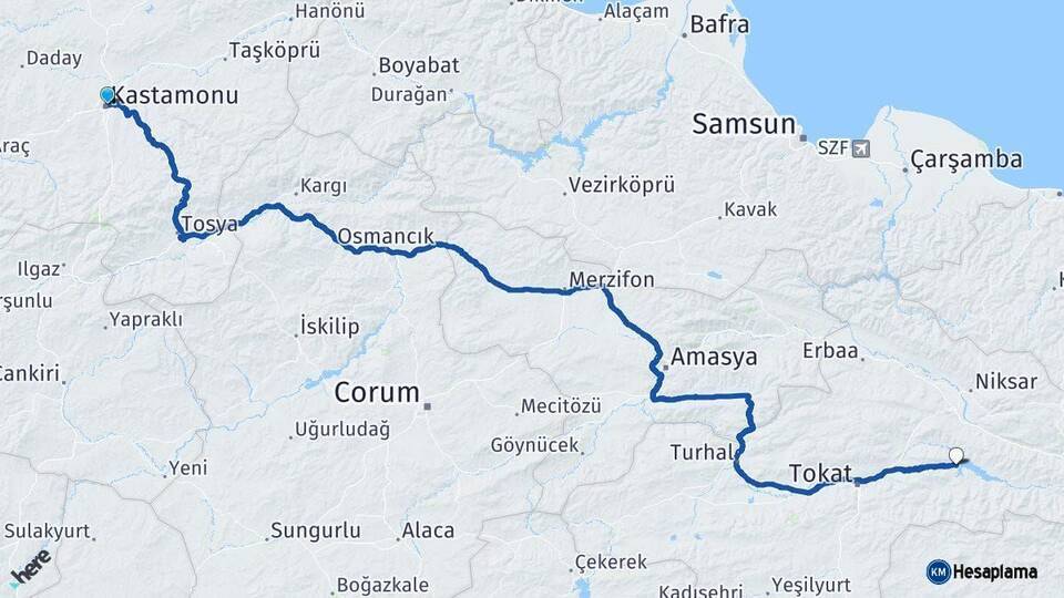 Kastamonu Almus Tokat Arası Kaç Km - Yol Haritası