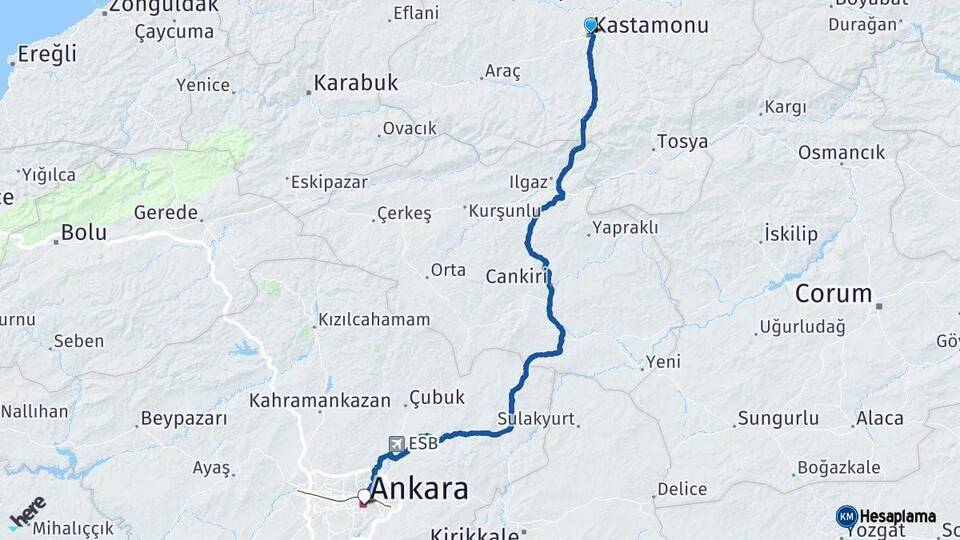 Kastamonu Ankara Arası Kaç Km - Yol Haritası