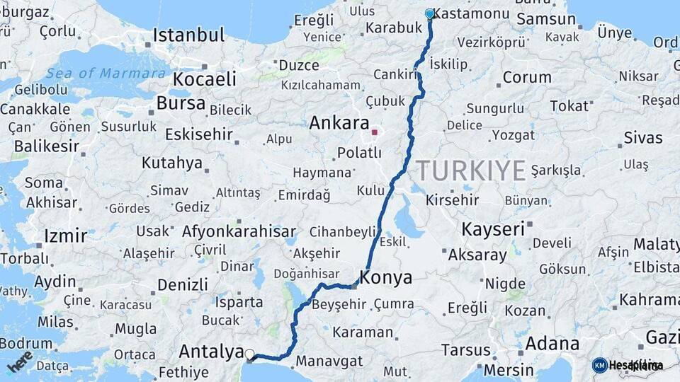 Kastamonu Antalya Arası Kaç Km - Yol Haritası