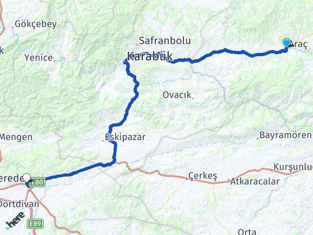 Kastamonu Araç Gerede Bolu Arası Kaç Km - Yol Haritası