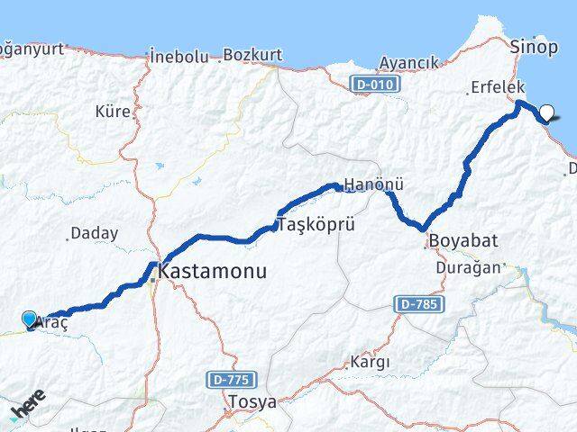 Kastamonu Araç Gerze Sinop Arası Kaç Km - Yol Haritası