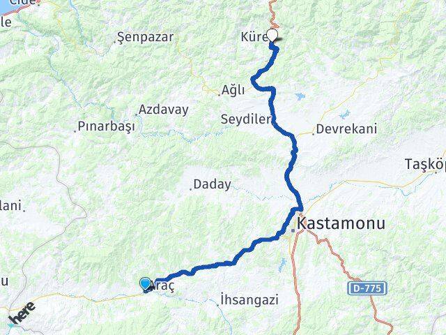 Kastamonu Araç Küre Arası Kaç Km - Yol Haritası