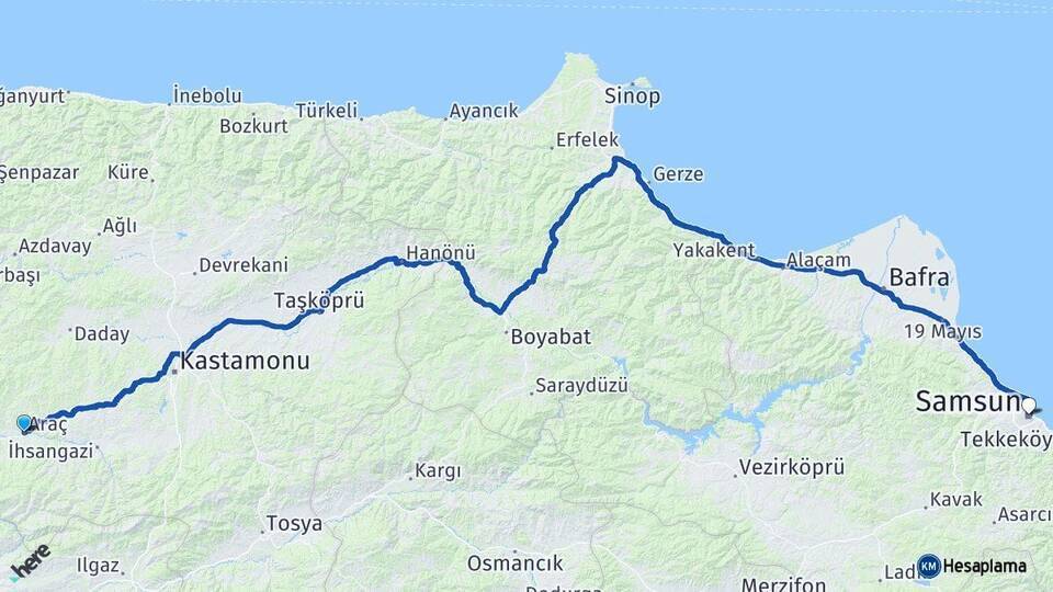 Araç Samsun Arası Kaç Km - Yol Tarifi