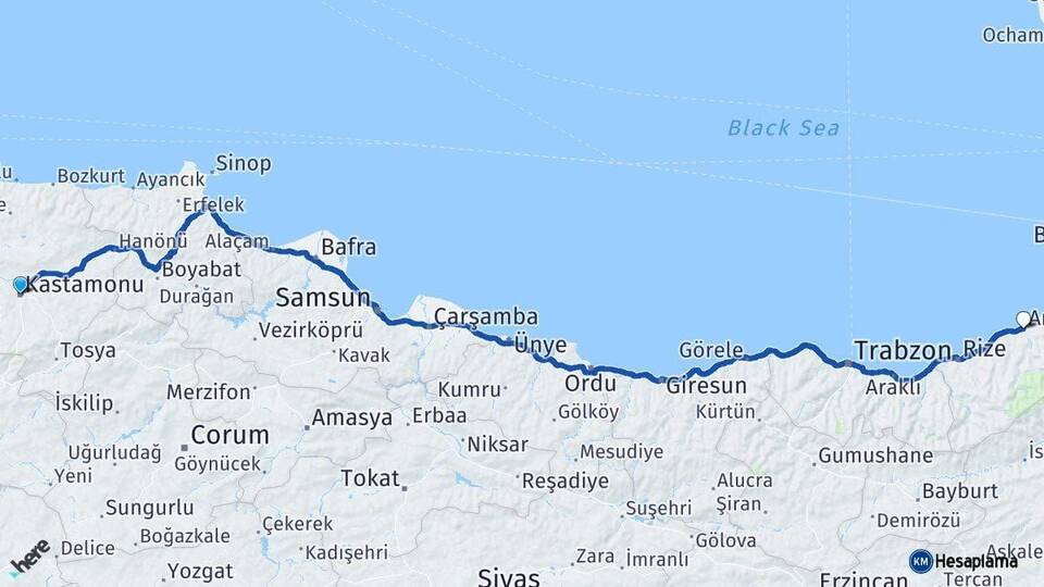 Kastamonu Ardeşen Rize Arası Kaç Km - Yol Haritası